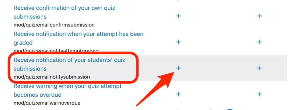 shows the "email notify submission" in the quiz override settings and the plus icon for the allow role. 